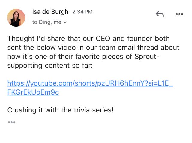 Slack message from Isa de Burgh about their CEO sharing the video