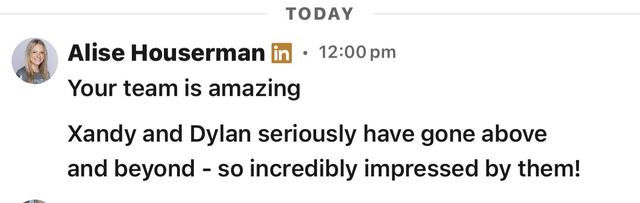 Slack message from Alise Houserman praising the crew