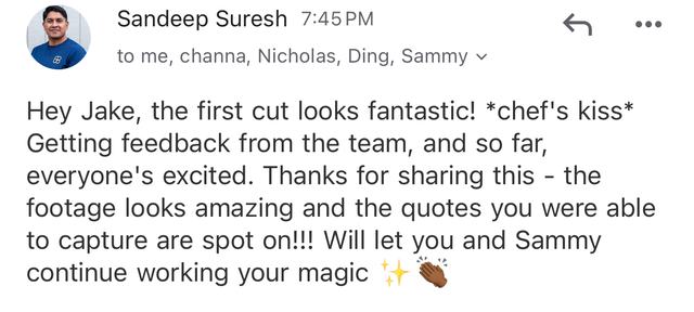 Email from Sandeep Suresh about the first cut