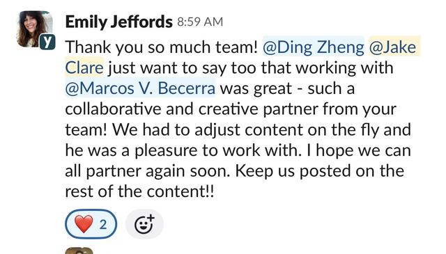 Slack message from Emily Jeffords praising Marcos