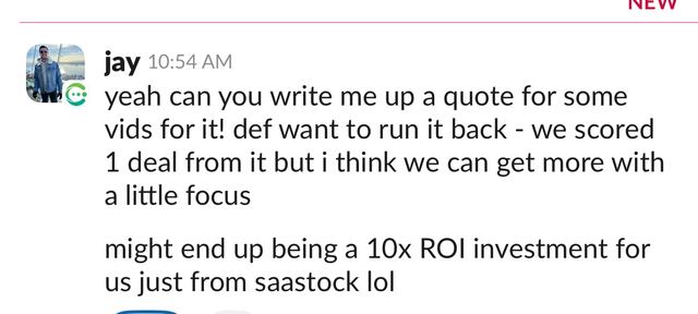 Slack message calling EventShark a 10x ROI investment