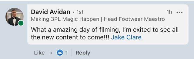 LinkedIn comment from David Avidan about filming day