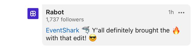 LinkedIn comment from Rabot praising the edit