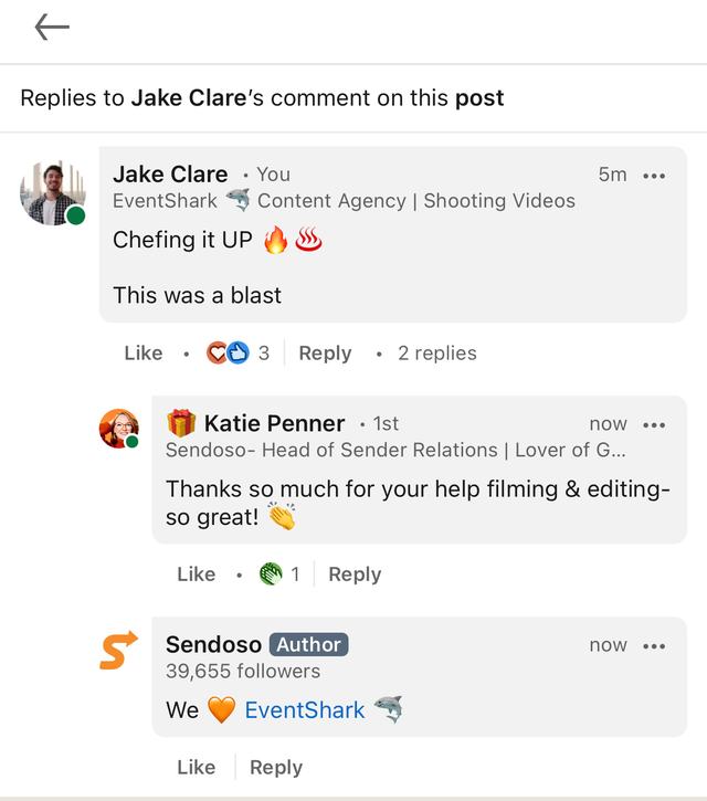 LinkedIn thread with Sendoso and Katie Penner thanking EventShark