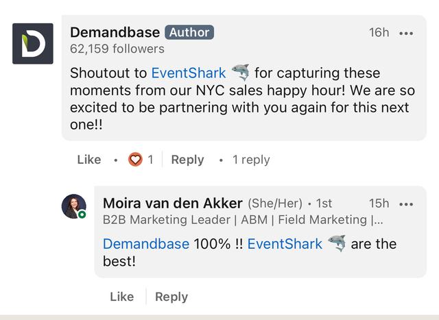 Demandbase LinkedIn post with reply calling EventShark the best
