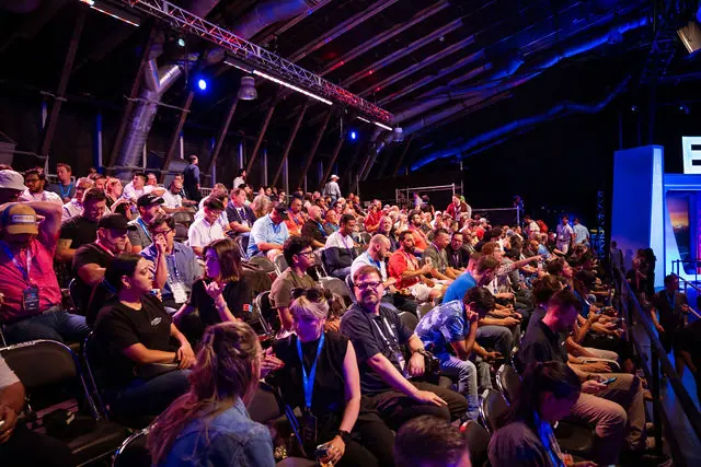 A wide view of the BattleBots arena and crowd